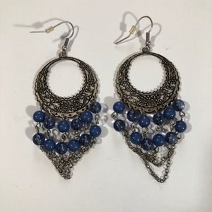 Dangly Hoop Jewel Earrings Blue Bead Elegant
